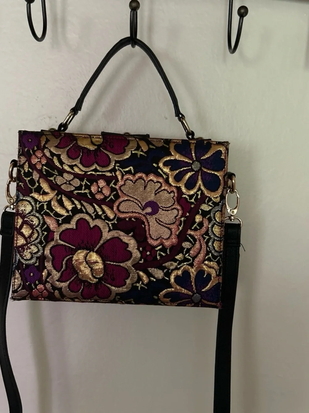 Free People Floral Brocade Satchel in Purple and Gold